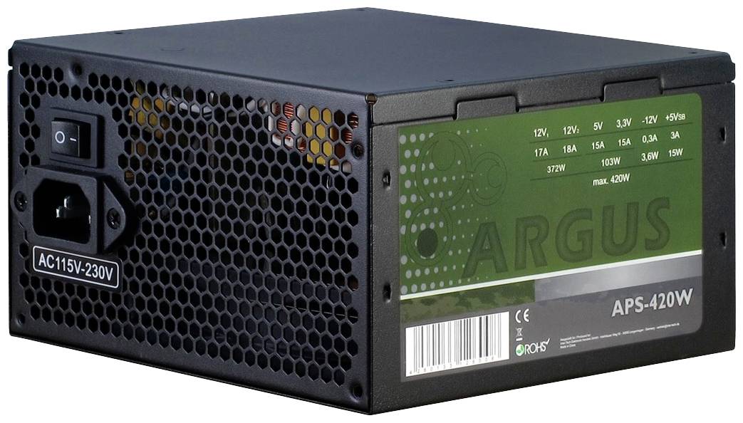 Schwarzes Netzteil mit grünem Label 'ARGUS APS-420W', Schalter und Anschluss für Stromkabel, geeignet für AC 115V-230V.