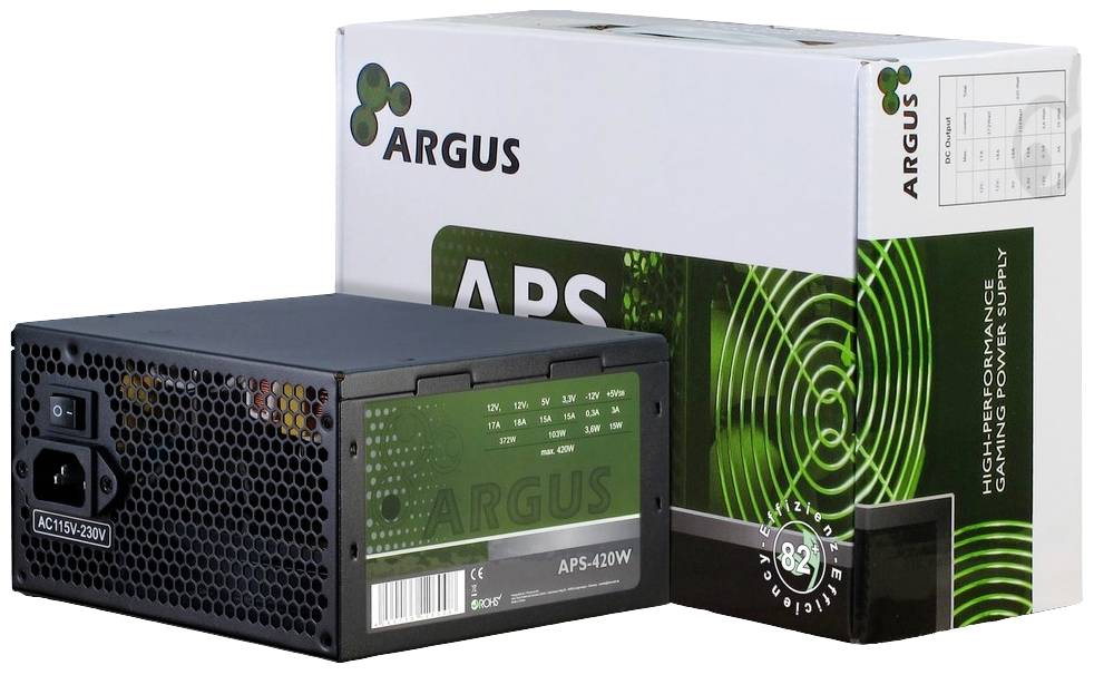 Stromversorgungseinheit und Verpackung mit der Aufschrift 'Argus'. Geeignet für Computer, zeigt technische Details und Energieeffizienz.