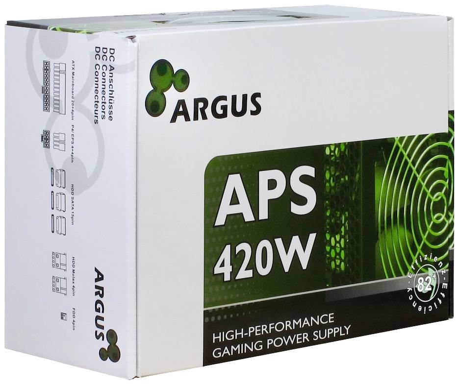 'ARGUS APS 420W' Hochleistungsnetzteil für Gaming-Computer gezeigt auf Verpackung. Links sind technische Spezifikationen aufgelistet.