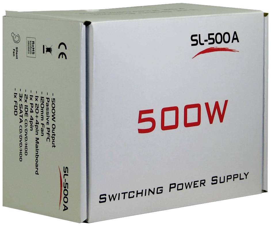 Weiße Verpackung einer 500W Netzteil. Aufdrucke: 'SL-500A', 'Switching Power Supply'. Technische Spezifikationen an der Seite.