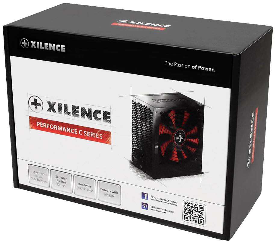 Schwarzer Karton mit XILENCE-Logo und rotem Text 'PERFORMANCE C SERIES'. Abbildung eines Netzteils mit rotem Lüfter vorne.