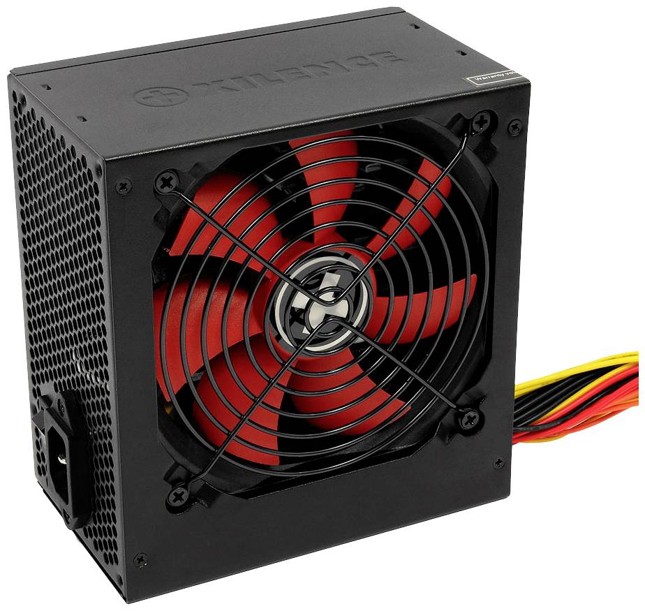 Schwarzes Computernetzteil mit rotem Ventilator und Kabeln. Es sorgt für die Stromversorgung der internen Komponenten eines PCs.