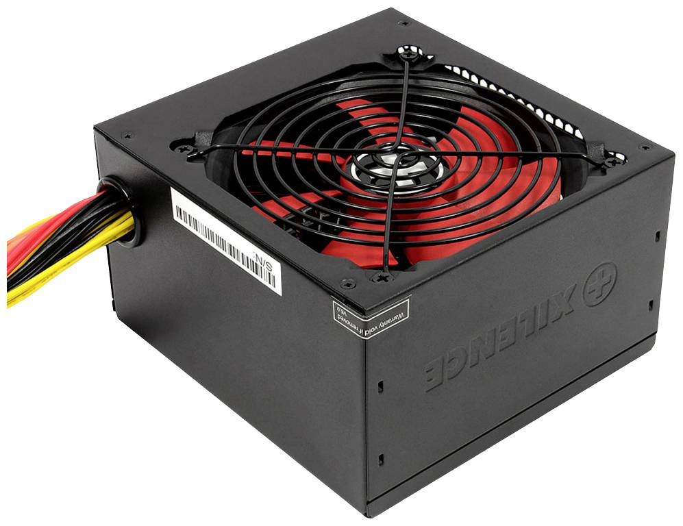Schwarzes Computernetzteil mit einem roten Lüfter, seitlicher Kabelanschluss, geeignet zur Stromversorgung von Computerkomponenten.