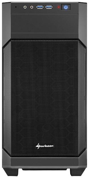 Ein schwarzes Computergehäuse mit einer Gitterfront und dem Logo 'Sharkoon', bietet zwei USB-Anschlüsse, einen Power-Button und Audio-Anschlüsse an der Oberseite.