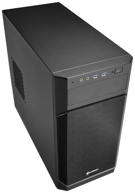 Schwarzes Computergehäuse mit Lüftungsschlitzen an der Seite und Vorderseite, zwei USB-Anschlüssen und Audioanschlüssen oben.