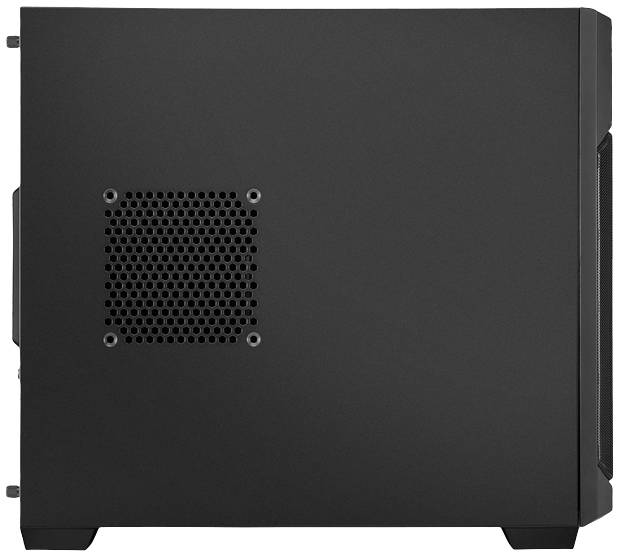Schwarzes Computergehäuse von der Seite, mit Lüftungsgitter links oben. Rechteckige Form, ohne sichtbare Anschlüsse oder Knöpfe.
