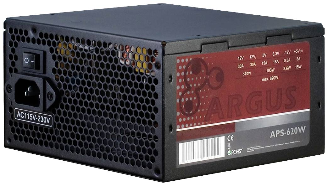 Ein Computernetzteil mit Lüftungsgitter, Schalter und Etikett mit Spezifikationen wie Spannung und Leistung von 620W.