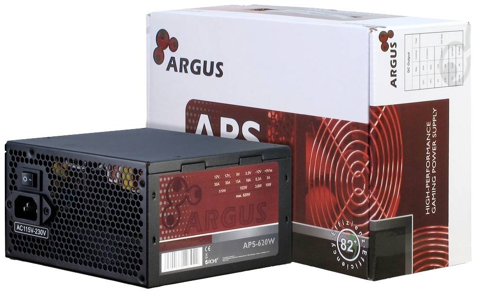 Ein schwarzes Computernetzteil mit rotem Etikett und die zugehörige Verpackung. Beide zeigen das 'Argus APS' Logo und Markierung.