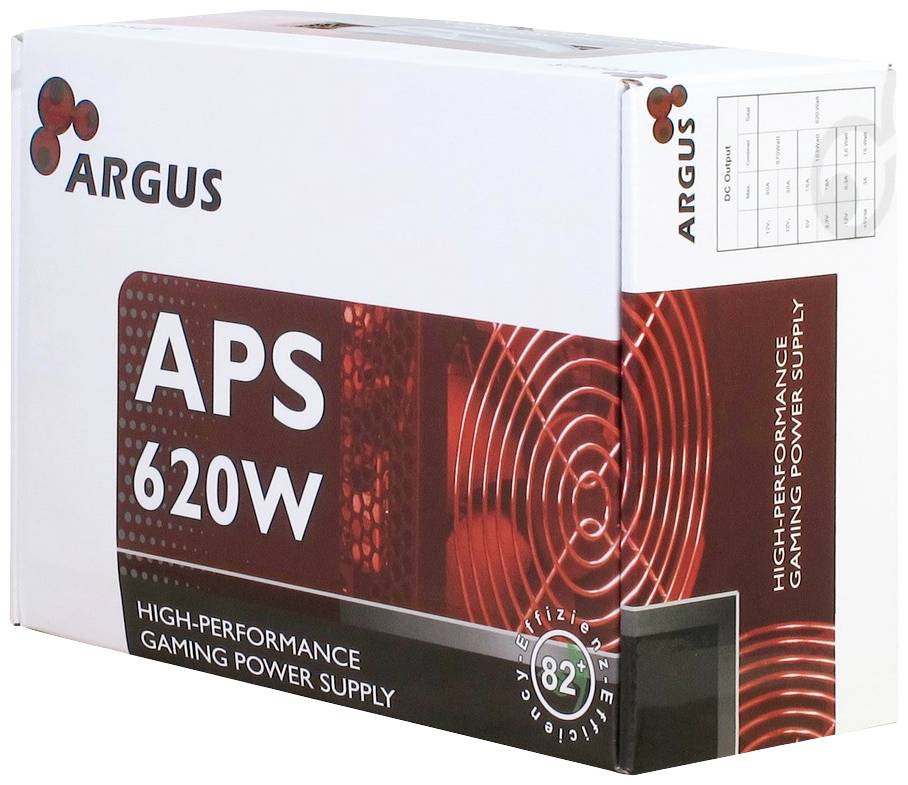 Weiße Verpackung einer Argus APS 620W Hochleistungs-Stromversorgungseinheit. Rotes Design und 82% Energieeffizienz-Logo.