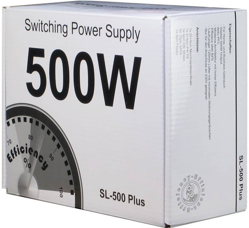 '500W Switching Power Supply' Verpackung. Zeigt Effizienzanzeige, Modell SL-500 Plus. Richtet sich an Computerenthusiasten.