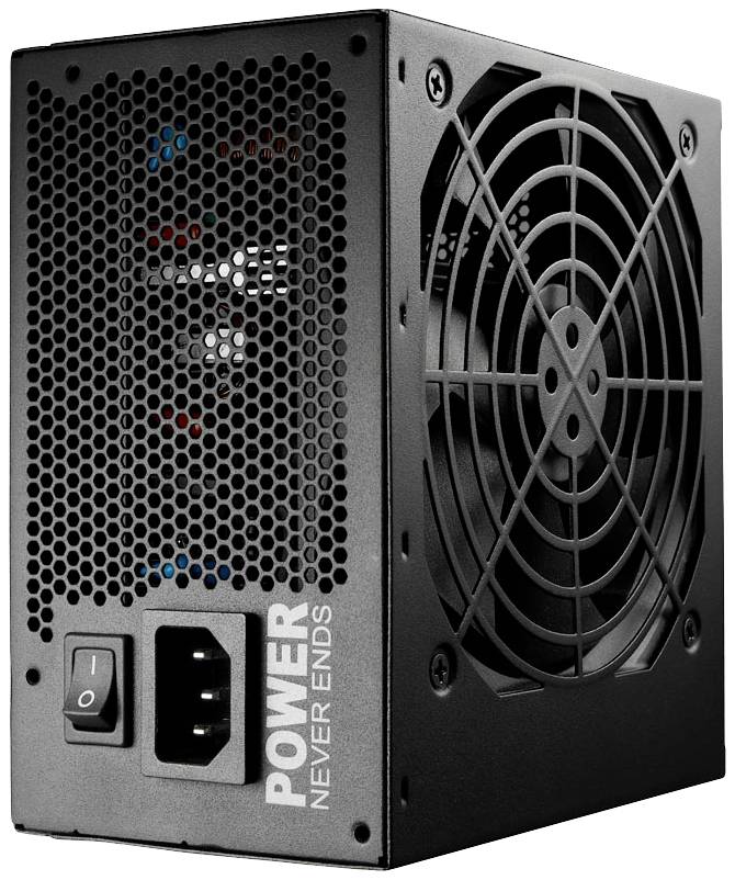 Schwarzes Computer-Netzteil mit Lüfter und Schalter, Aufschrift 'POWER NEVER ENDS'.