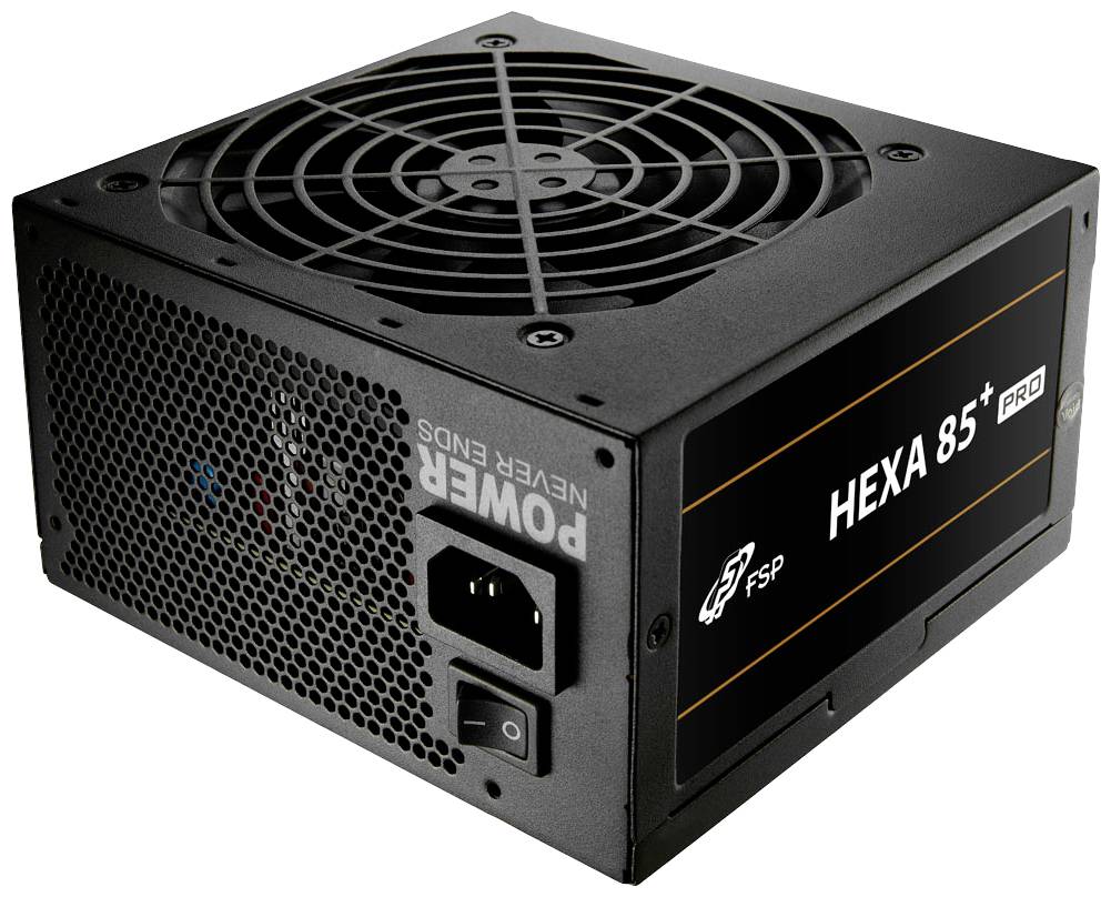 Schwarzes PC-Netzteil mit der Aufschrift 'HEXA 85+ PRO'. Rechteckige Form mit Lüftergitter oben und Netzanschluss hinter Lüftungsgitter.
