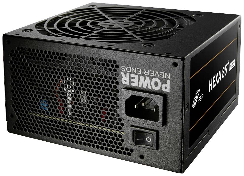 Ein schwarzes Computer-Netzteil mit Lüfter und Anschlussbuchsen. Seitenaufschrift: 'HEXA 85+'. Entworfen für PC-Systeme.