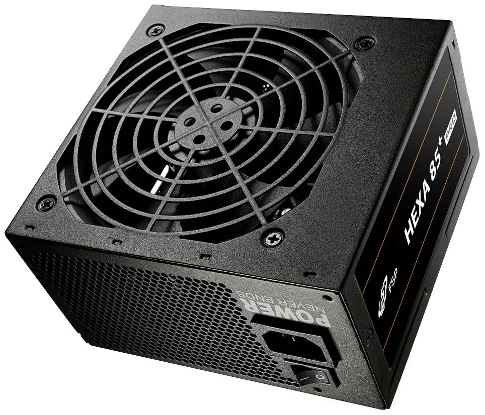 Ein PC-Netzteil mit Lüfter und der Aufschrift 'HEXA 85+'. Es dient zur Stromversorgung eines Computersystems.