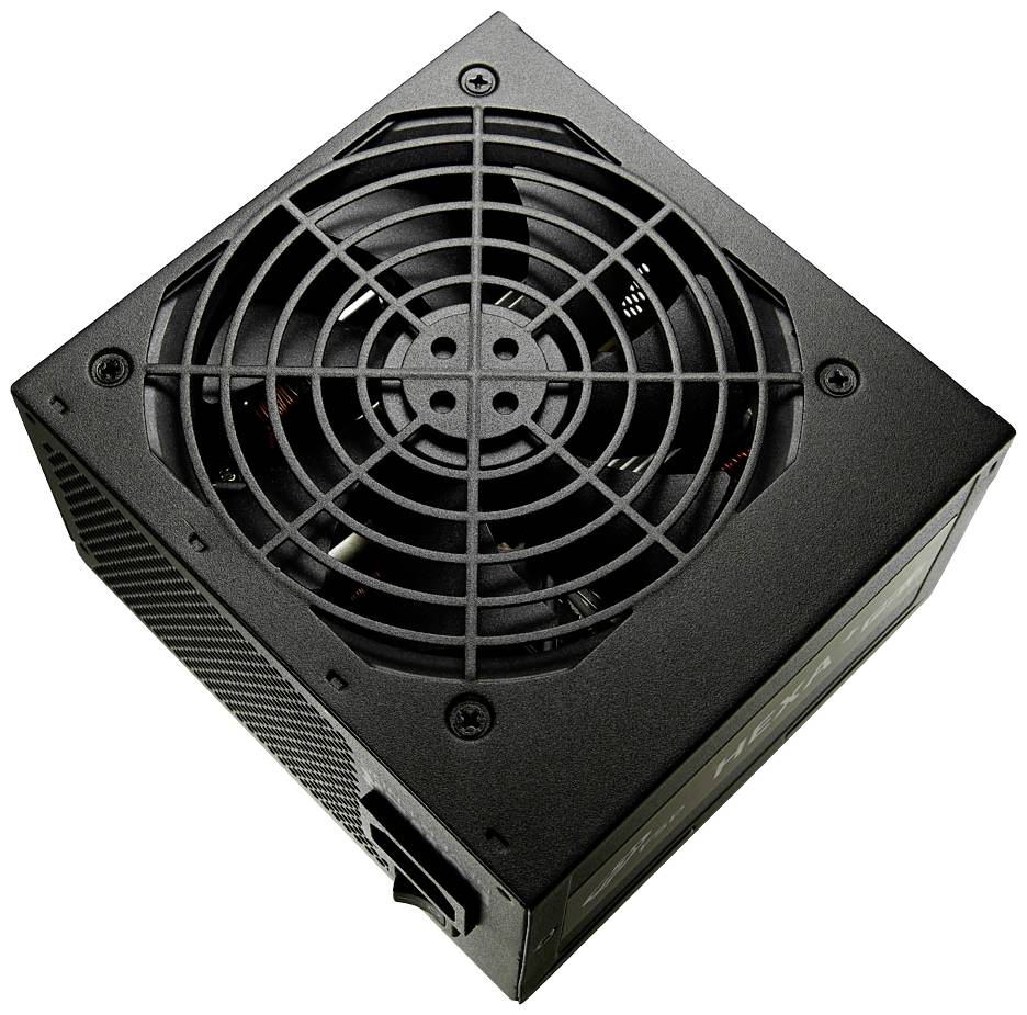 Ein schwarzes Computer-Netzteil mit Lüfter an der Oberseite. Es zeigt die Außenseite eines PC-Komponenten-Gehäuses.