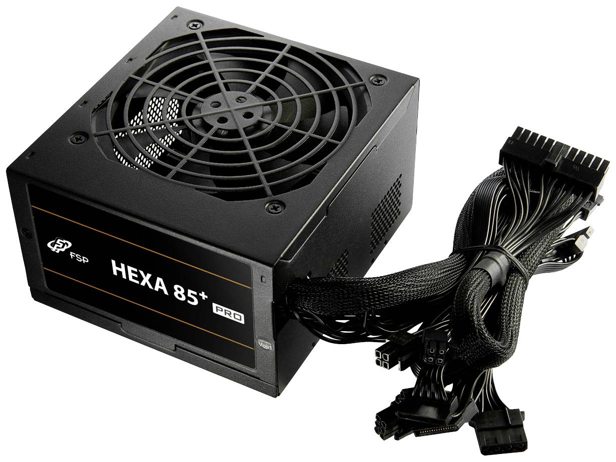 Schwarzes Computer-Netzteil mit Lüfter oben und mehreren Anschlusskabeln. Modell 'FSP HEXA 85+ Pro'.