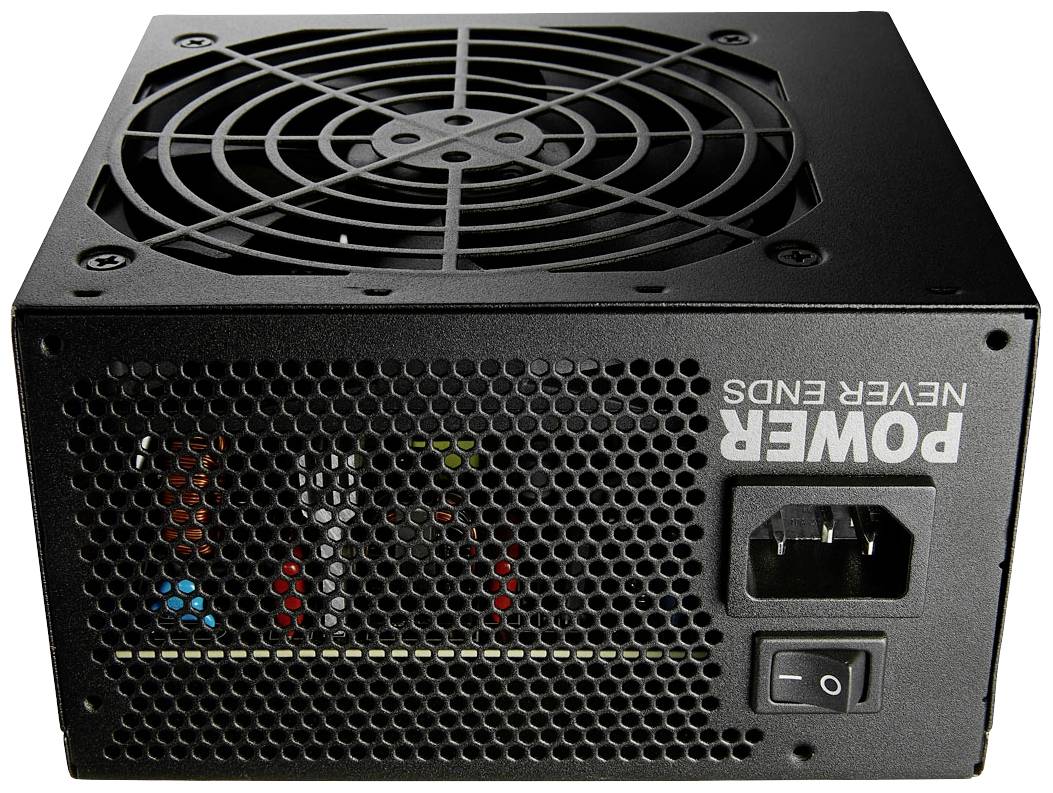Schwarzes Computer-Netzteil mit Lüfter und Ein-/Ausschalter. Aufschrift: 'Power Never Ends'. Geeignet zur Stromversorgung von PC-Komponenten.