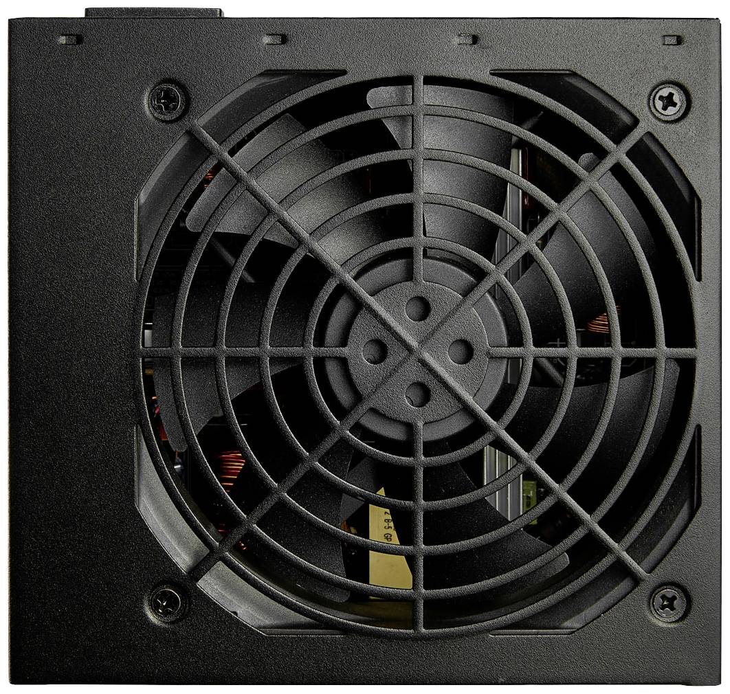 Schwarzes Computernetzteil mit Lüftergitter in der Draufsicht. Vier Schrauben in den Ecken, zentraler Lüfter sichtbar.