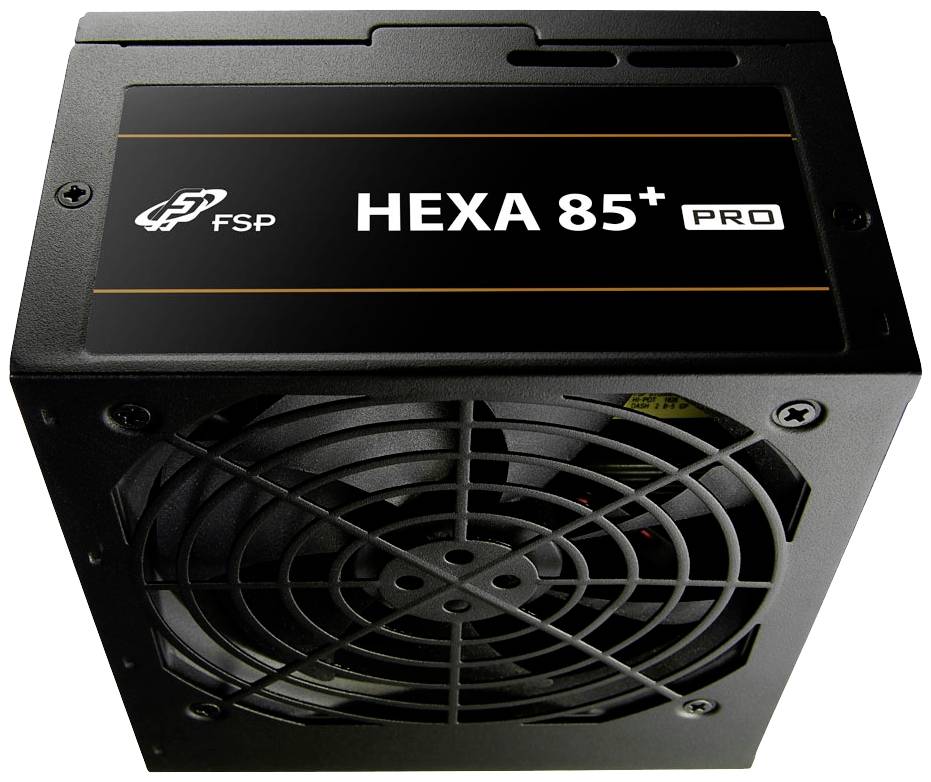 Stromversorgungseinheit von FSP mit der Modellbezeichnung 'HEXA 85+ PRO', schwarzes Gehäuse, Lüfter sichtbar.