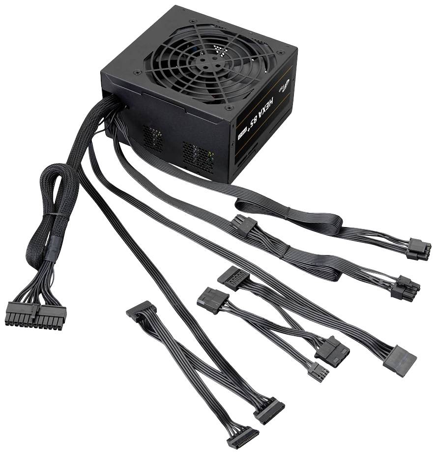 Ein schwarzes Computer-Netzteil mit mehreren Kabeln und Steckverbindern für den Anschluss an verschiedene PC-Komponenten.