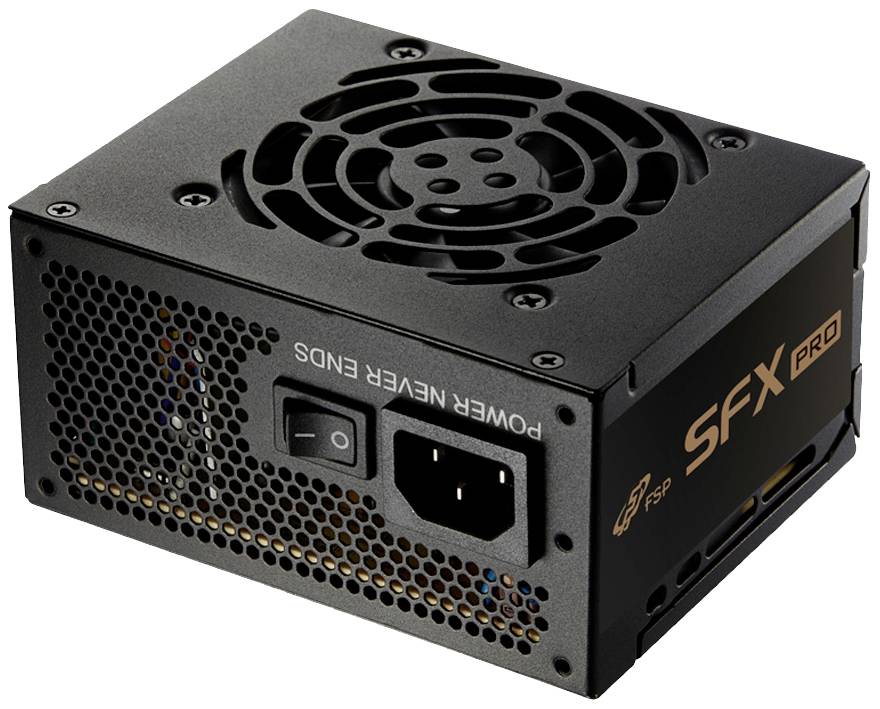 Ein schwarzes Computernetzteil mit Lüfter und Netzanschluss auf der Rückseite, markiert mit 'SFX PRO'.