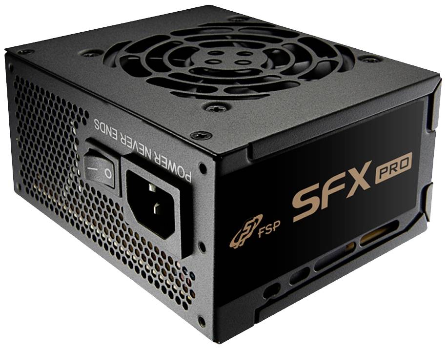 Schwarzes SFX Pro Netzteil mit Lüfter und Anschluss, geeignet für kompakte Computergehäuse.