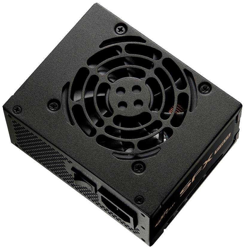 Schwarzes SFX-Netzteil mit Lüfter und Anschlussbuchsen, geeignet für kompakte Computergehäuse.