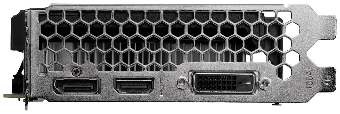 Metallplatte mit Gittermuster, enthält HDMI- und DVI-Anschlüsse, vermutlich Teil einer Computer-Grafikkarte.