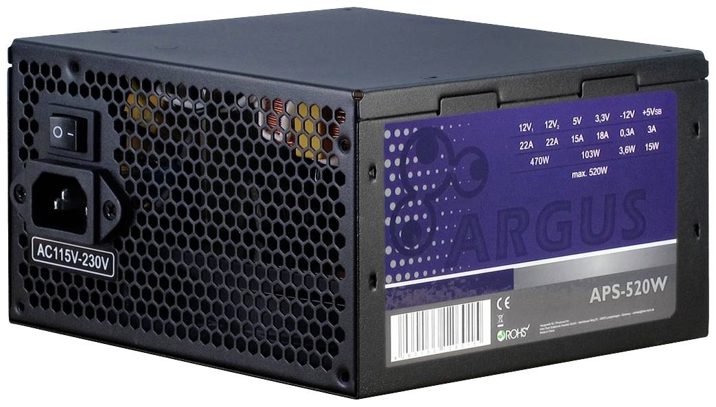 Ein schwarzes Computernetzteil mit der Aufschrift 'ARGUS APS-520W', das Spannungen von 12V, 3.3V und 5V liefert.