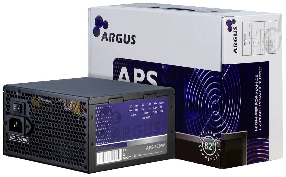 Stromversorgungseinheit Argus APS-520W vor ihrer Verpackung. Rechteckiges Gehäuse mit Lüftungsgitter und elektrischen Anschlüssen.