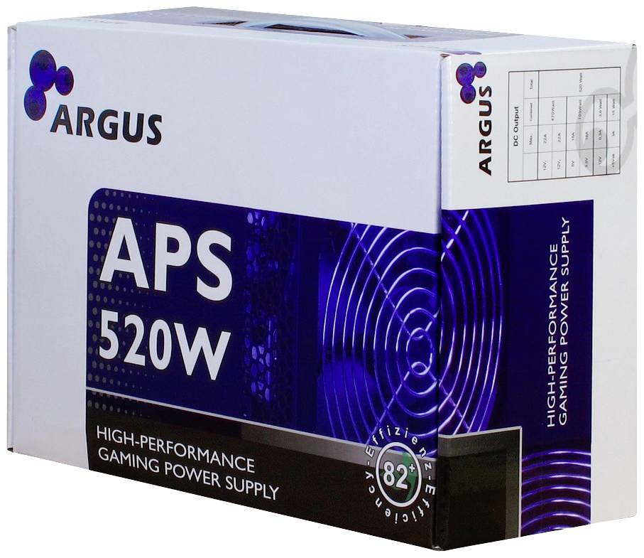 Eine Verpackung für ein 520W-Netzteil der Marke Argus, bezeichnet als 'High-Performance Gaming Power Supply' mit 82% Effizienz.