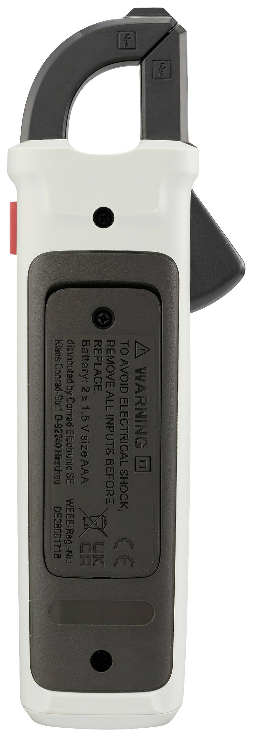 Rückansicht eines digitalen Strom-Messgeräts mit Warnhinweisen und technischen Spezifikationen, grauem Griff und Hakenklemme.