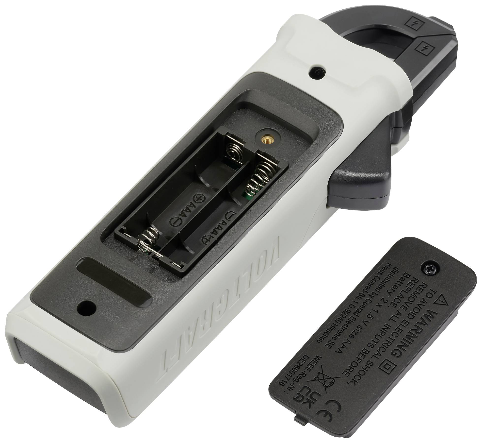 Ein weißes, elektronisches Gerät mit offenem Batteriefach und entfernten Batteriefachdeckel daneben.