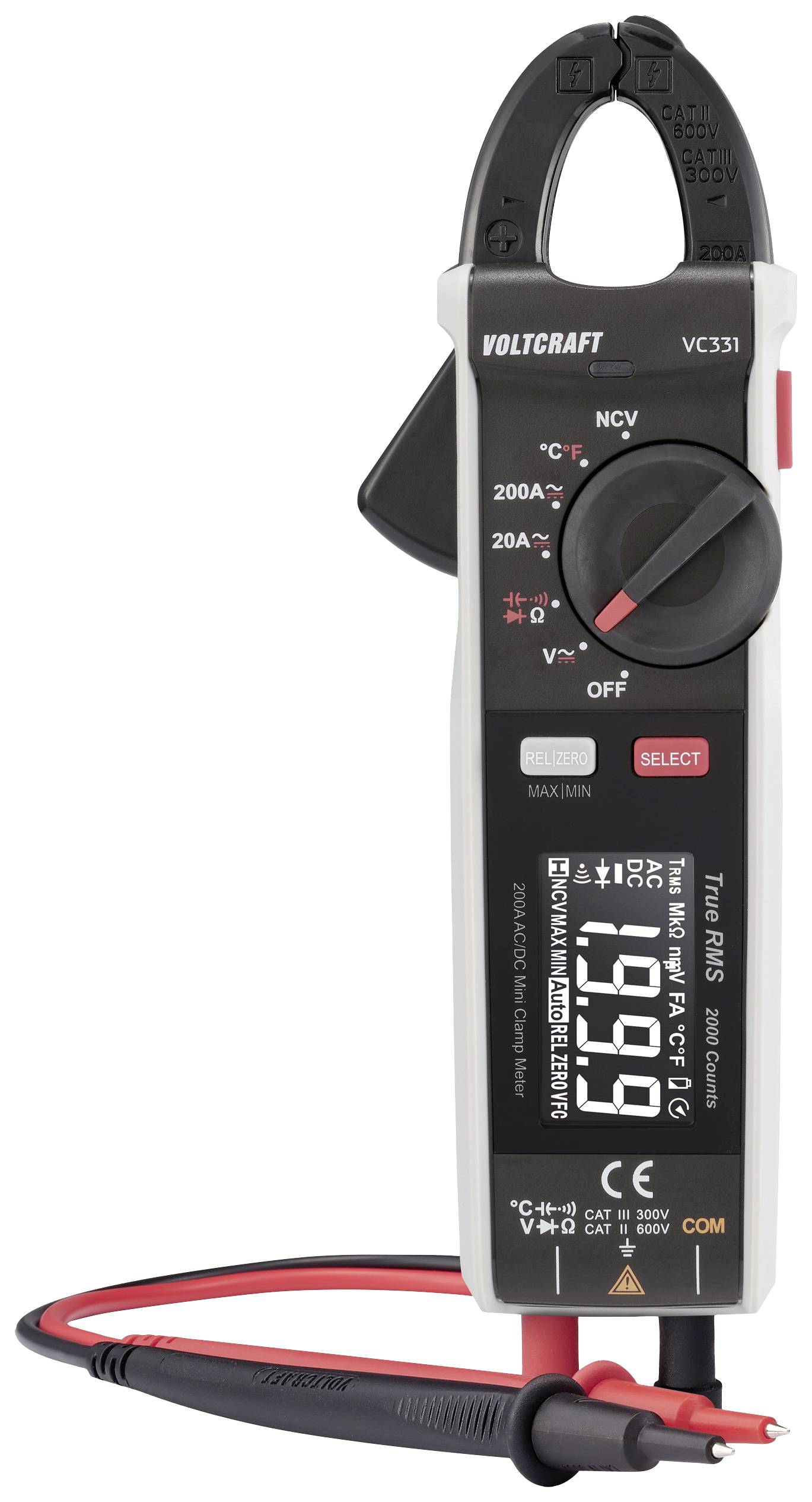 Digitales Zangenmultimeter mit schwarzem Gehäuse und rotem Bedienknopf. Es misst unterschiedliche elektrische Werte und zeigt sie auf einem LCD-Display an.