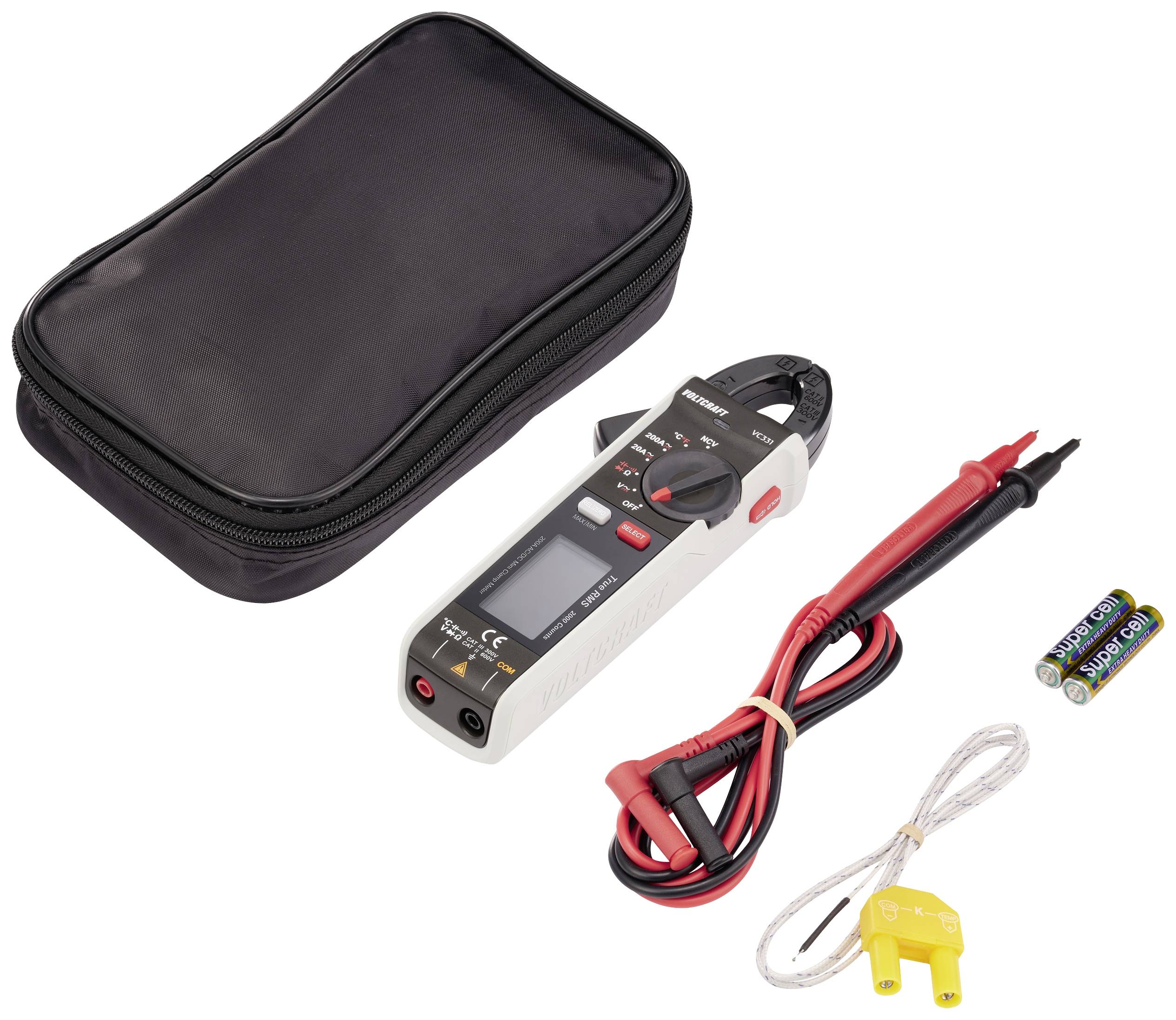 Ein digitales Multimeter mit Messleitungen, Batterien und Tasche. Ideal zur Messung von Spannung, Strom und Widerstand.
