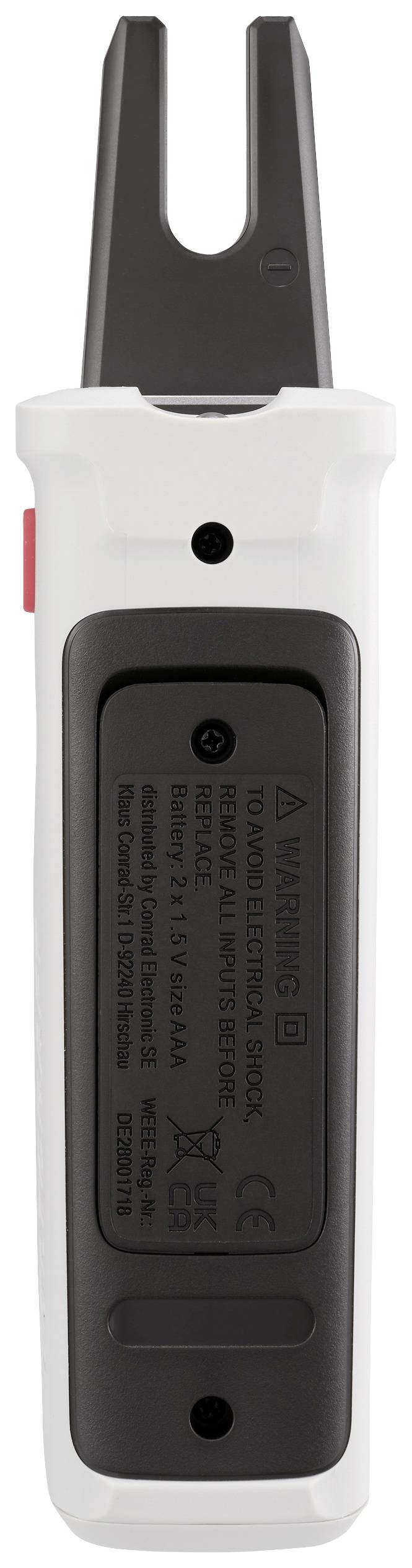 Ein elektronisches Gerät mit einem Gabelaufsatz und einem schwarzen Kontrollbereich. Es hat Sicherheits- und Stromkennzeichnungen.