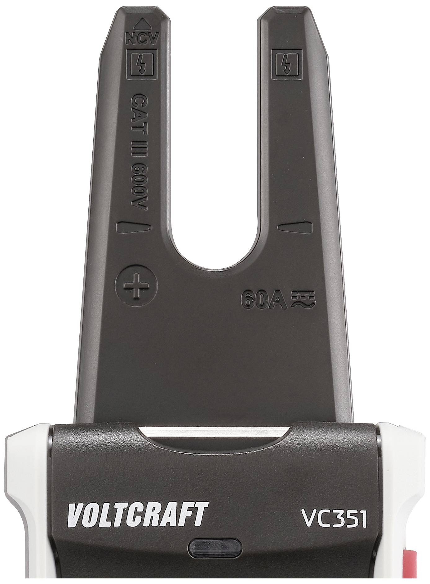Spannungsprüfer 'Voltcraft VC351', zeigt Kategorie und Spannungskapazität an. Schwarze und weiße Farben, mit Plus- und Minuszeichen.