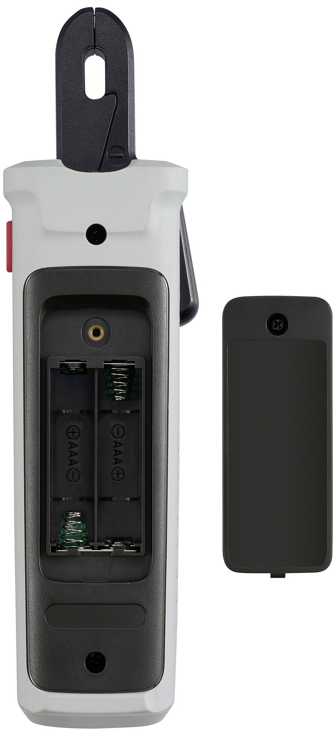 Ein Gerät mit offenem Batteriefach, das Platz für zwei AA-Batterien hat. Die Abdeckung des Fachs ist daneben abgebildet.