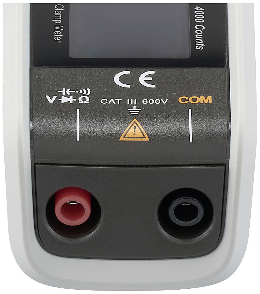Digitale Multimeter-Anschlüsse: Rote und schwarze Buchsen für Prüfspitzen, markiert 'CAT III 600V', mit 'COM'- und Symbolangabe.