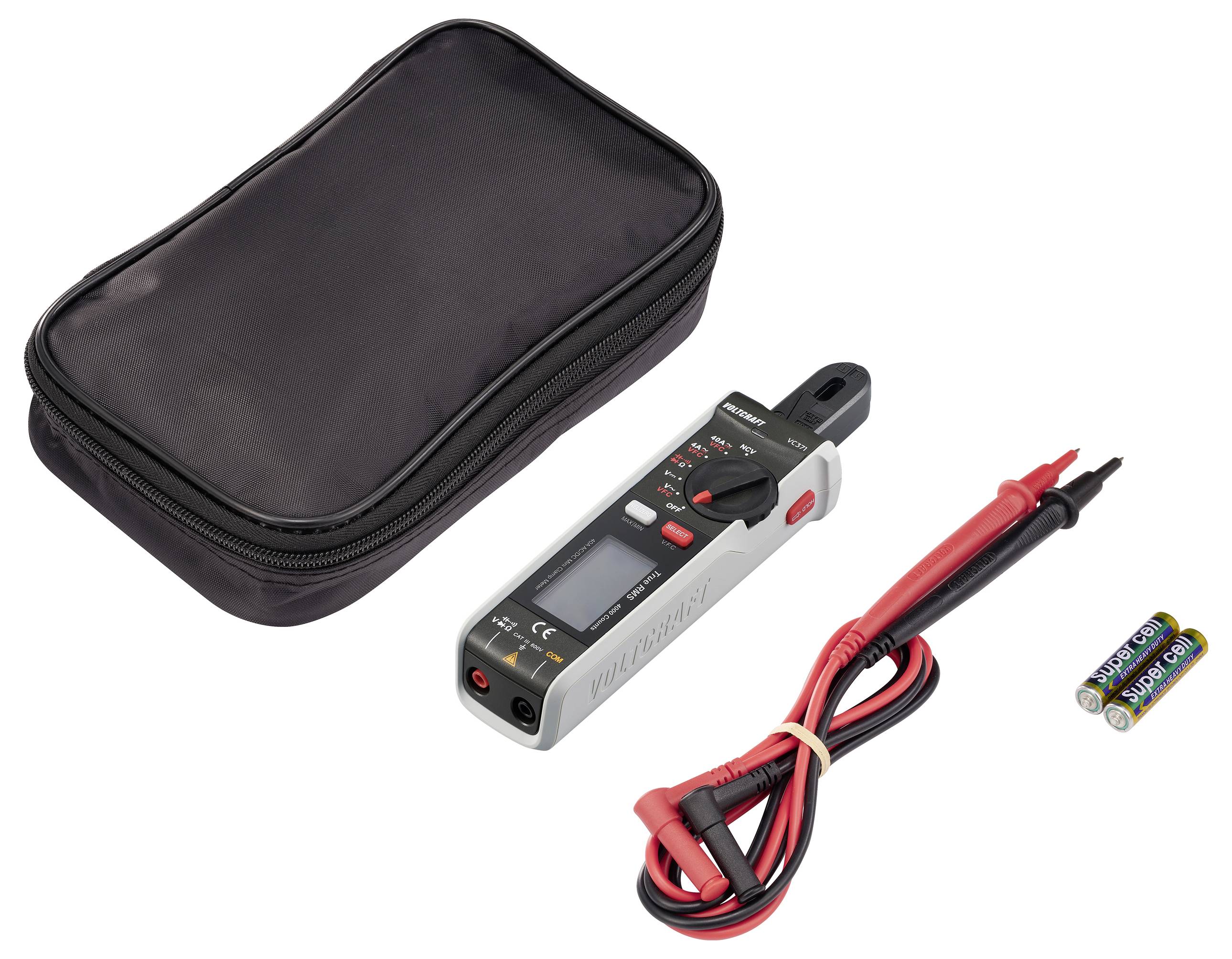 Digitales Multimeter-Set mit Tragetasche, Messleitungen und Batterien für Spannungs- und Strommessung.