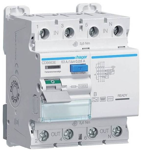 Hager CDB663E CDB663E FI-Schutzschalter 63A 230 V, 400V