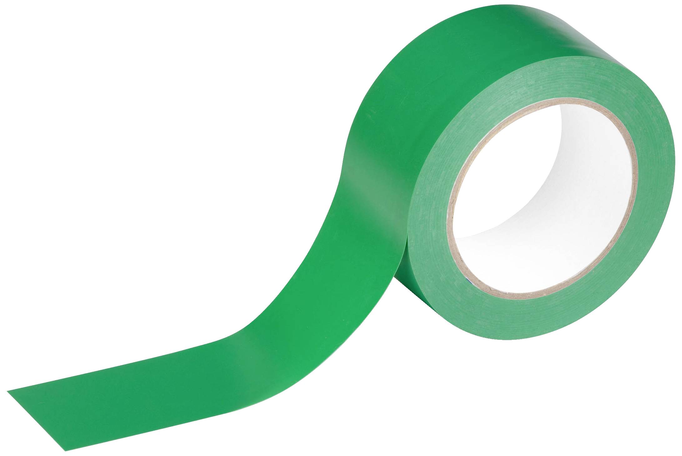 Grünes Klebeband, teilweise abgerollt, auf weißem Hintergrund.