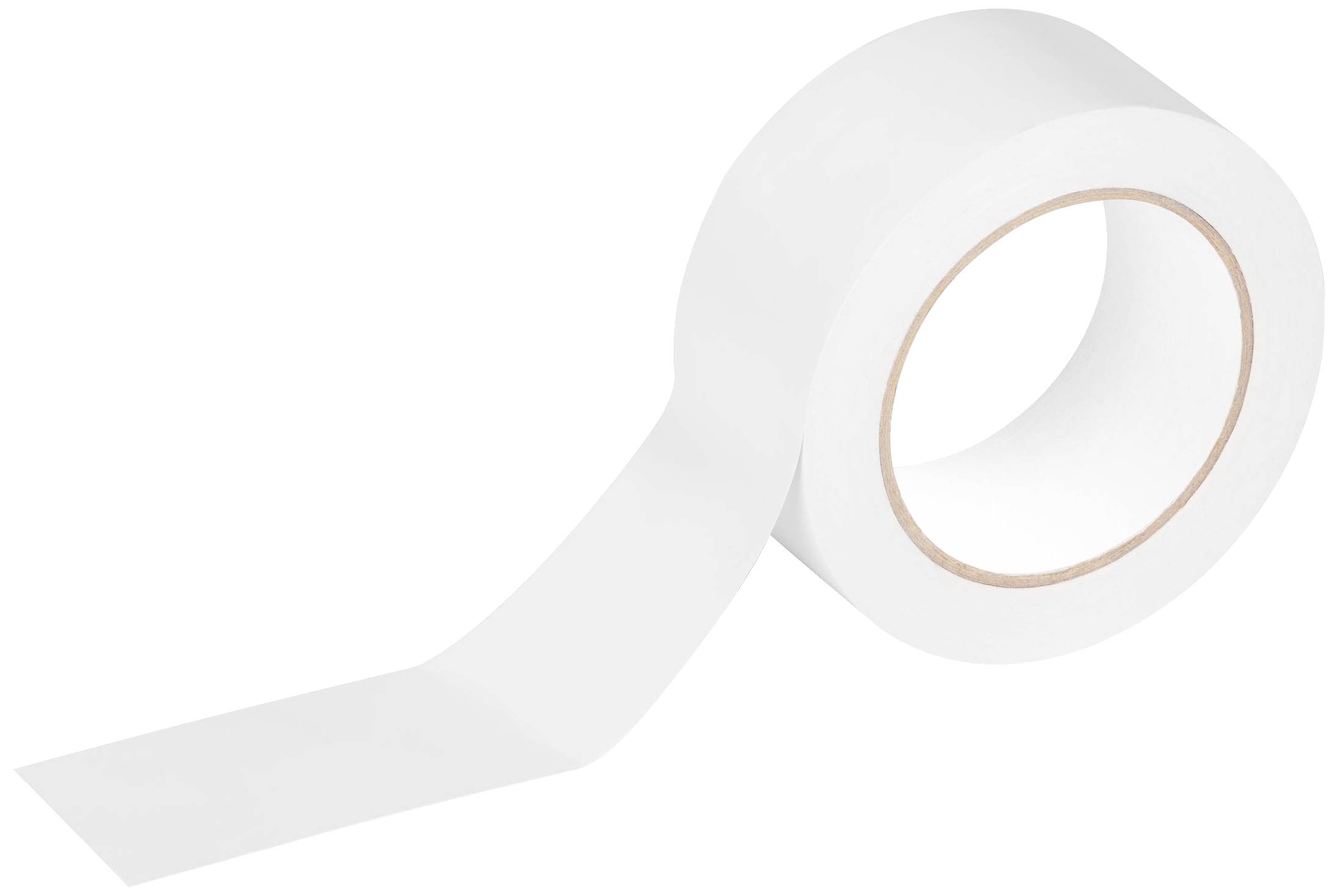 Eine Rolle weißes Klebeband mit einem abgezogenen Streifen, bereit zur Verwendung für Klebearbeiten.