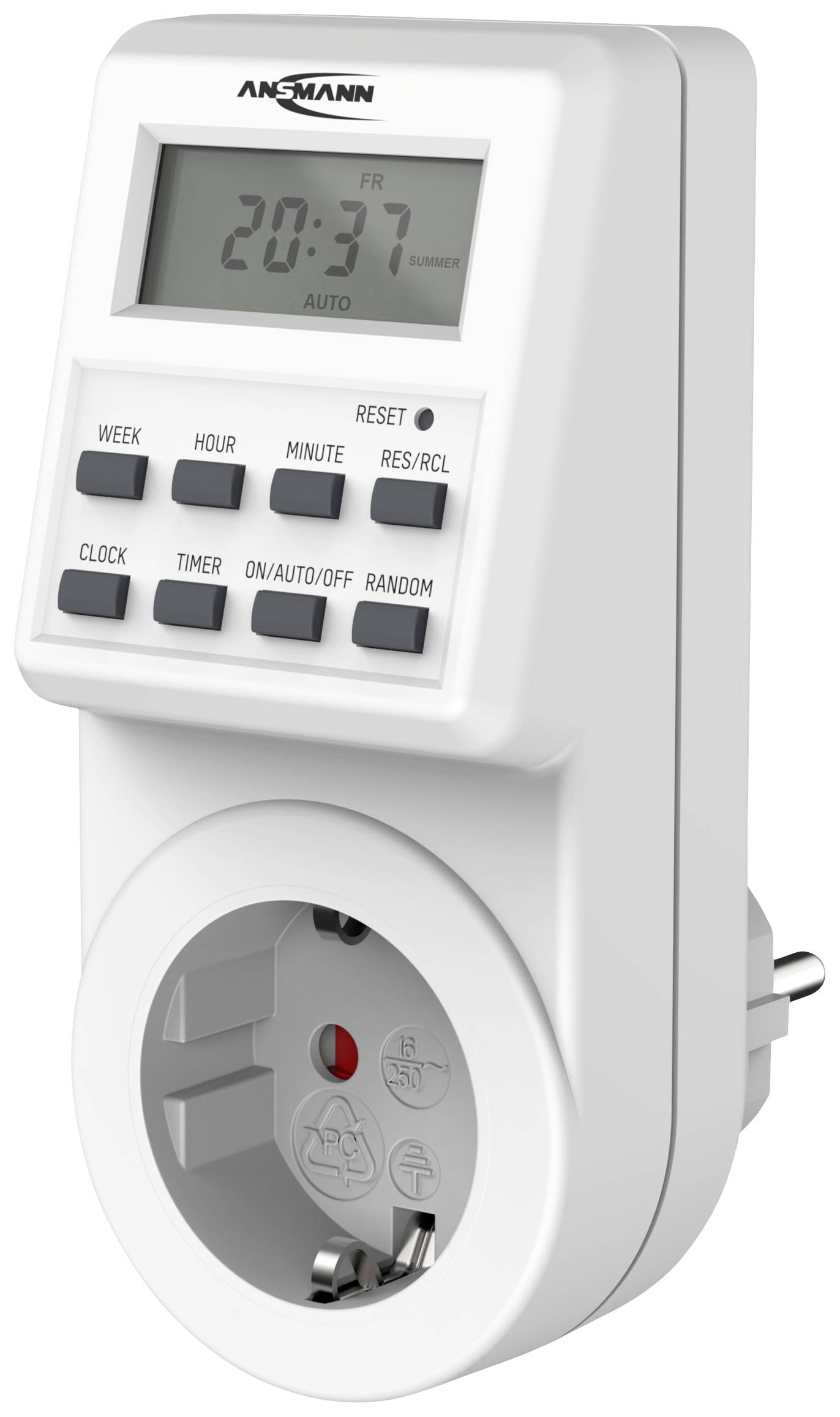 Elektronische Zeitschaltuhr mit LCD-Display zeigt '20:37' an. Geräte können programmiert werden für automatisches Ein- und Ausschalten.