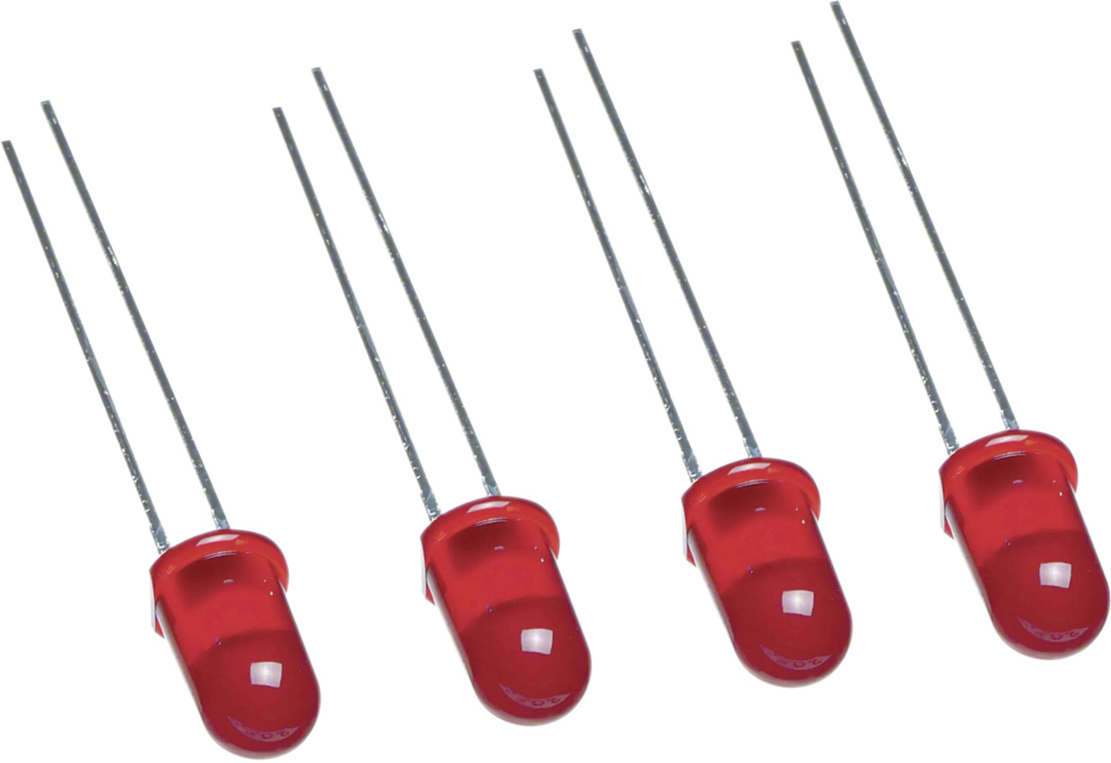 Vier rote Leuchtdioden (LEDs) in einer Reihe. Jede LED hat zwei lange Metallanschlüsse.