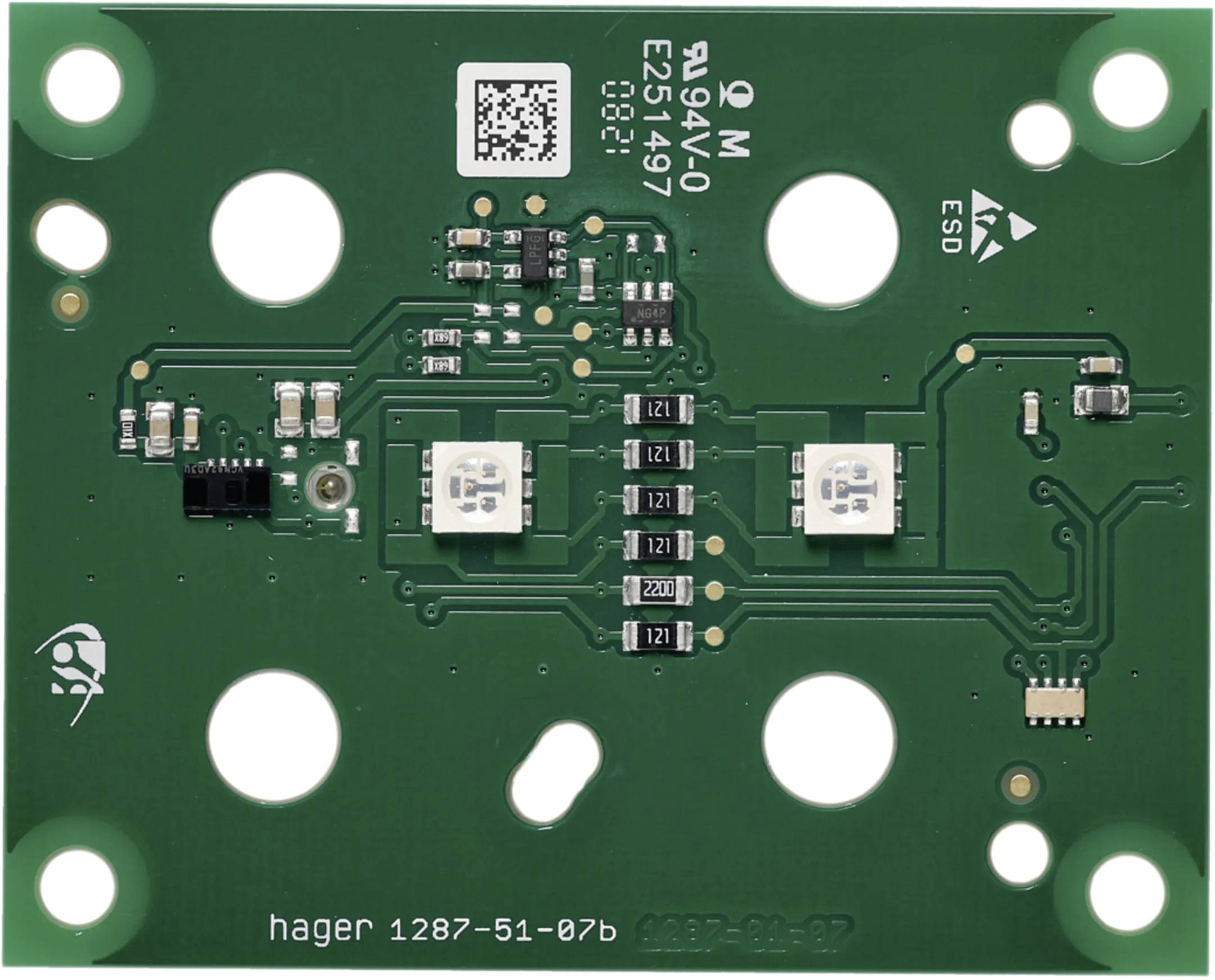 Elektronische Platine mit mehreren Chips und Schaltkreisen. Oben ist ein QR-Code sichtbar, unten eine Seriennummer: 'hager 1287-51-07b'.