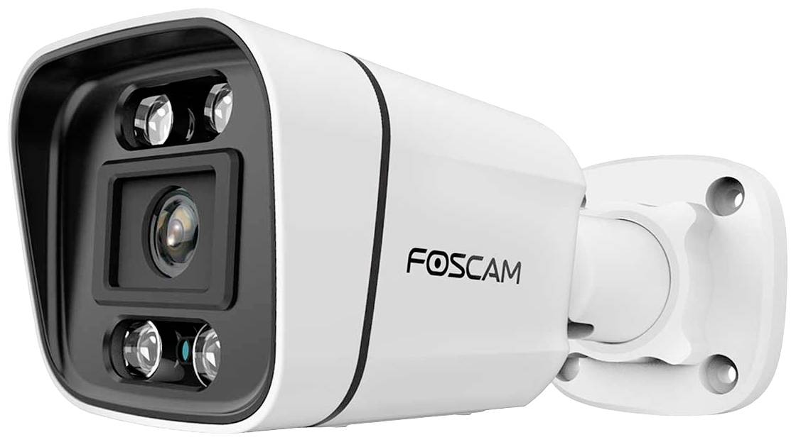 Weiße Überwachungskamera der Marke Foscam mit LED-Lichtern und Halterung, seitlich dargestellt.
