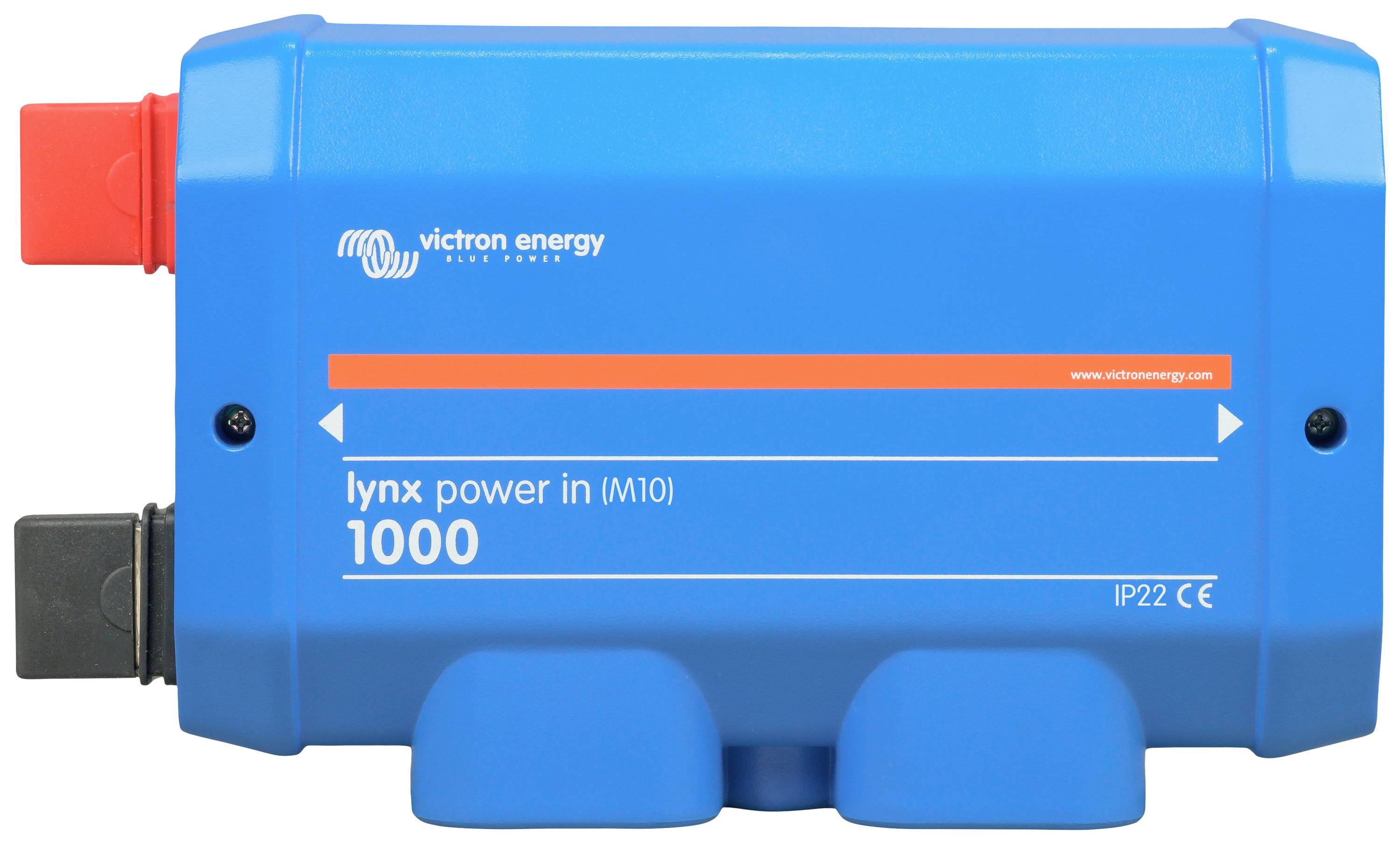 Ein blaues Gerät mit der Aufschrift 'lynx power in (M10) 1000' und Logo von victron energy. Es hat Anschlüsse an beiden Seiten.