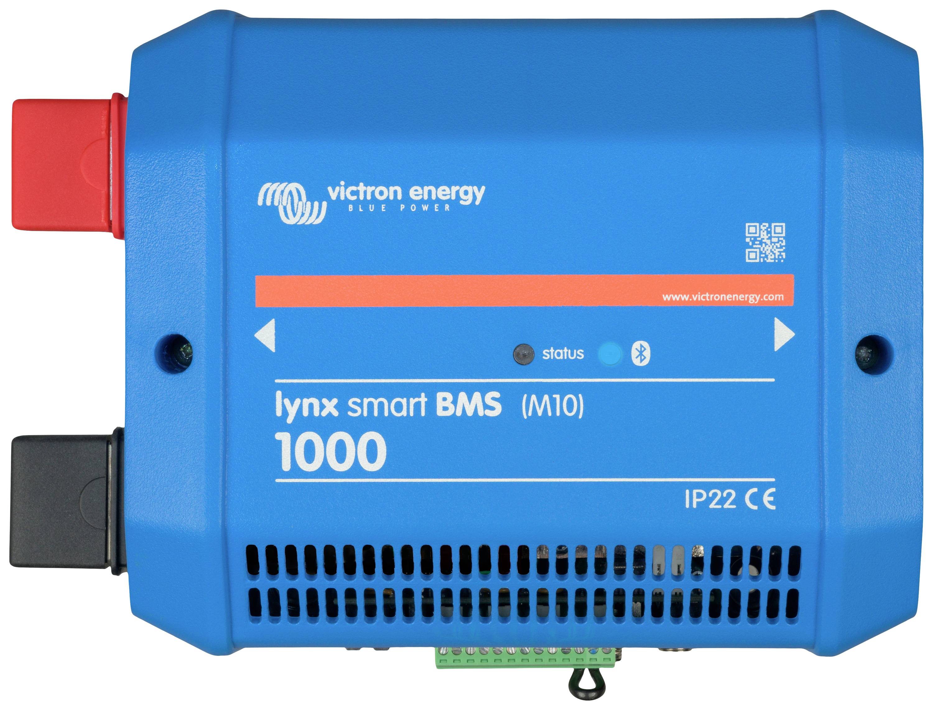 Blaues Victron Energy Lynx Smart BMS mit Anschlüssen oben und unten. Zeigt Marke, Modell '1000', Statusanzeige und Schutzklasse IP22.