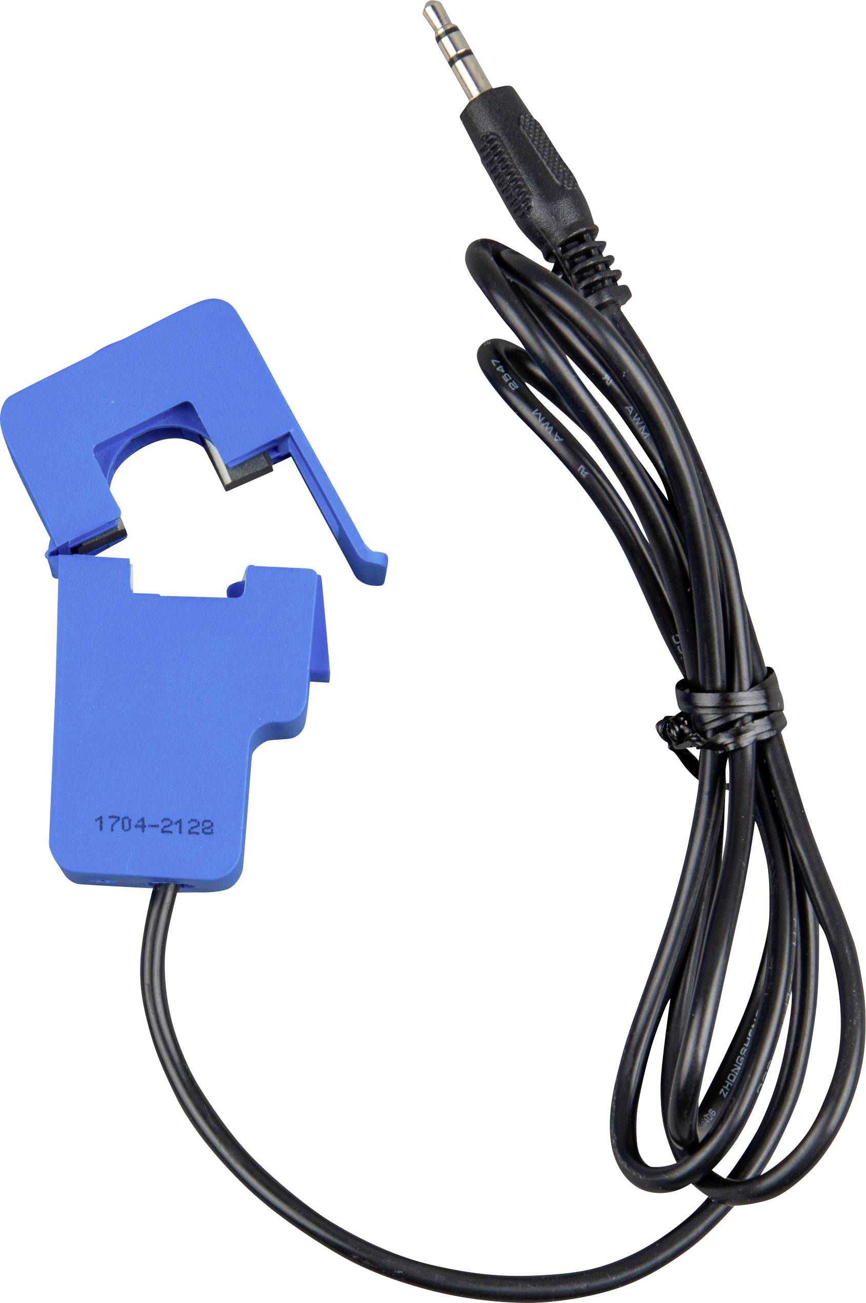 Blauer Kunststoffsensor mit Kabel und Klinkenstecker, verwendet zur Strommessung in elektronischen Geräten.